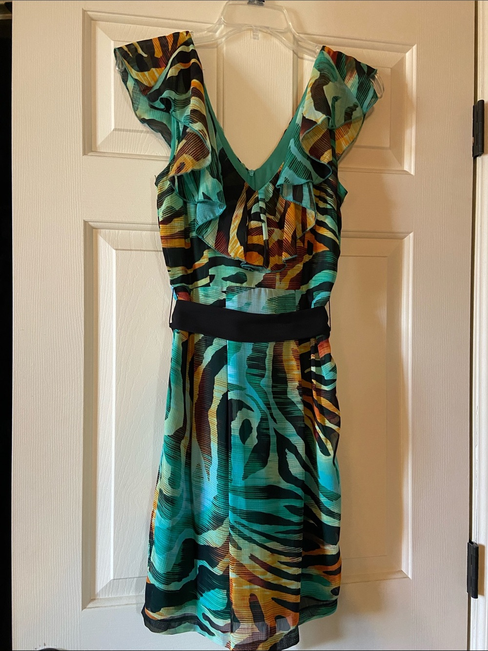 Bisou Bisou Teal, Black & Gold Ruffle V-Neck Mini Dress